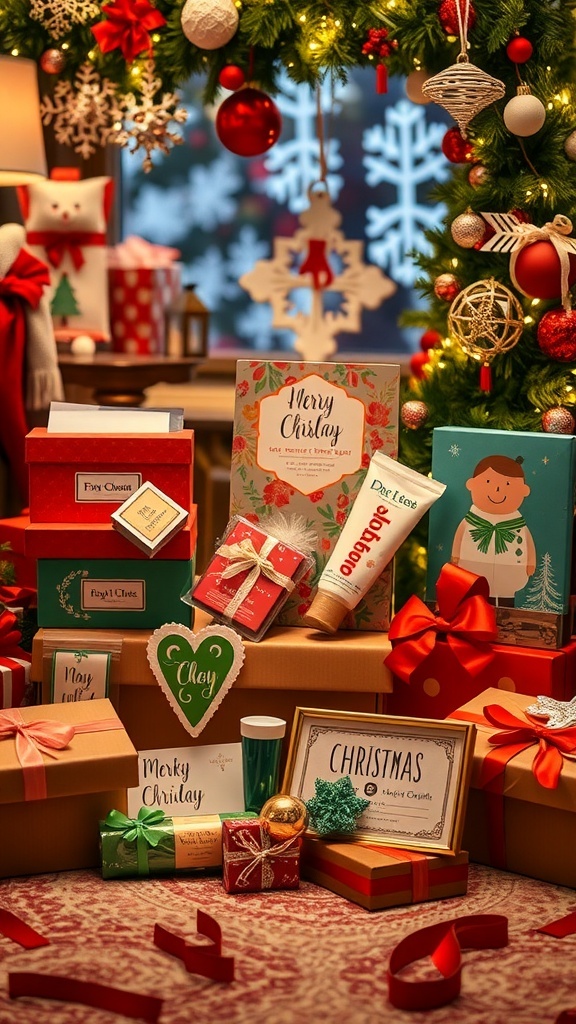 A collection of unique Christmas gifts including personalized jewelry, subscription boxes, and experience vouchers on a festive table.
